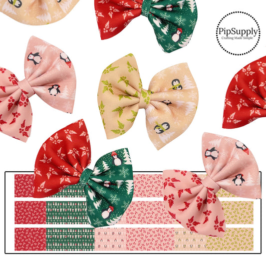 Penguins and Holly Leaves on Neoprene Pinch Hair Bows