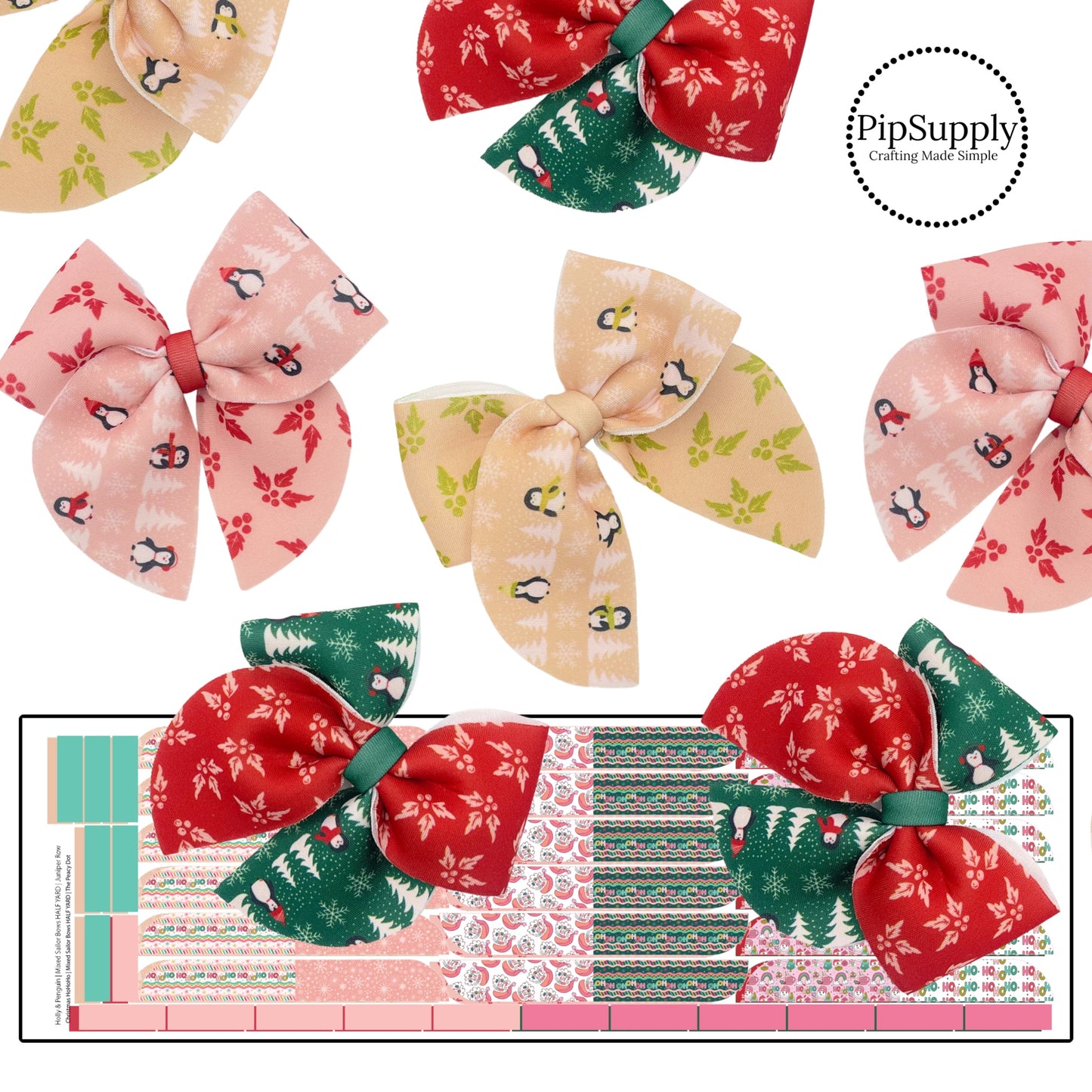 Penguins and Holly Leaves on Neoprene Sailor Hair Bows