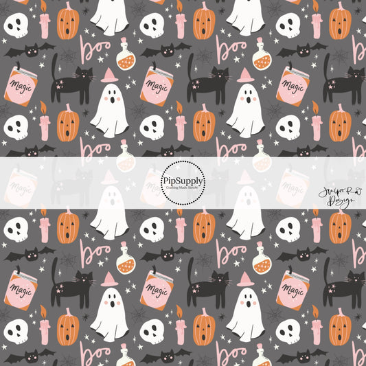 Gray fabric by the yard with ghosts, pumpkins, black cats, and spiderwebs.