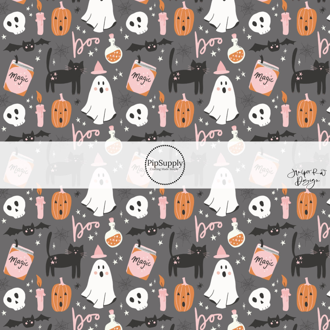 Gray fabric by the yard with ghosts, pumpkins, black cats, and spiderwebs.