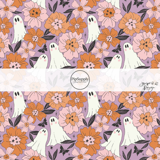 White ghosts and retro florals on purple fabric by the yard.