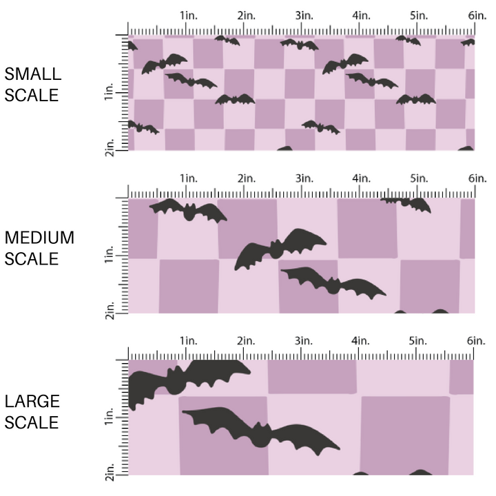 Black scattered bats on purple checkered fabric by the yard scaled image guide.