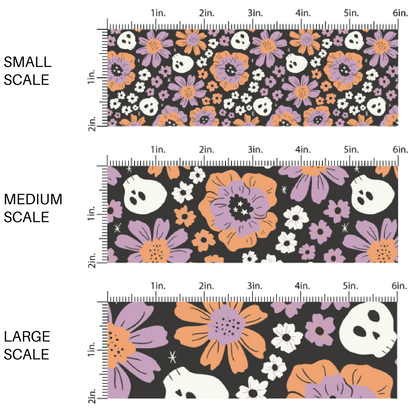 White skeletons and purple and orange floral prints on black fabric by the yard scaled image guide.