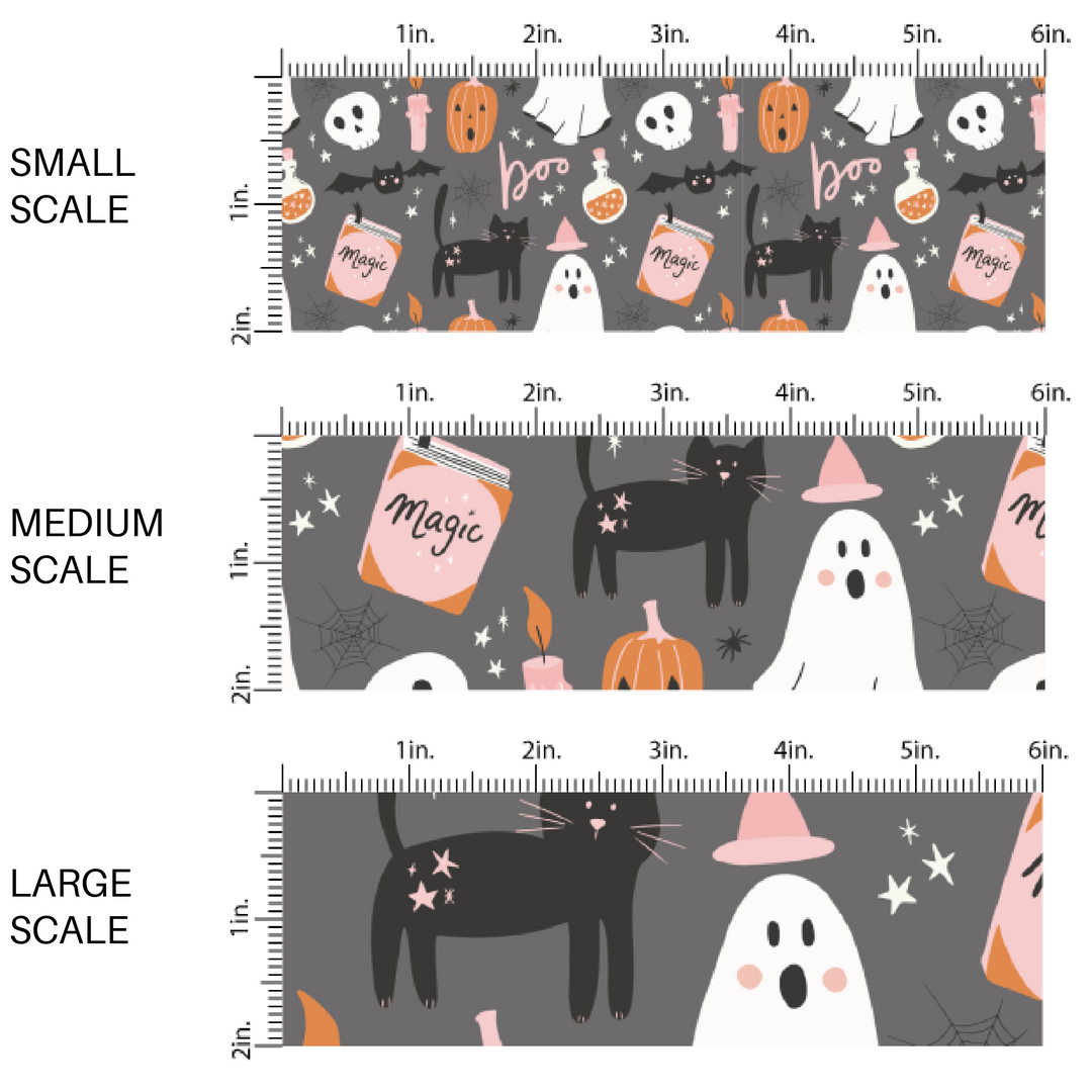 Gray fabric by the yard scaled image guide with ghosts, pumpkins, black cats, and spiderwebs.