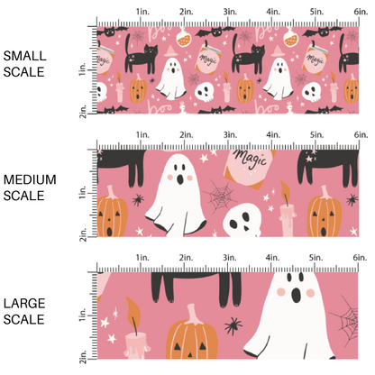 Pink fabric by the yard scaled image guide with ghosts, pumpkins, black cats, and spiderwebs.
