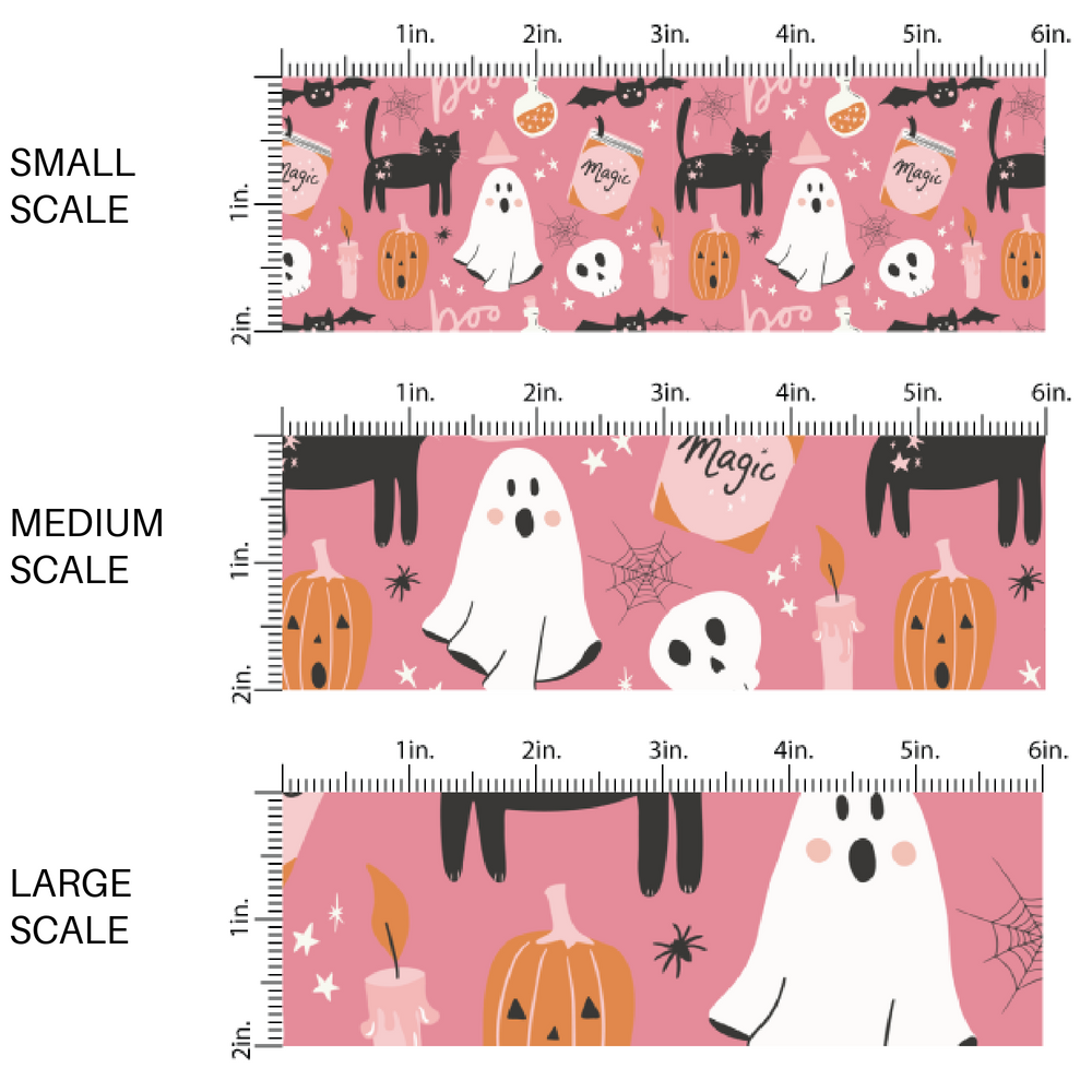 Pink fabric by the yard scaled image guide with ghosts, pumpkins, black cats, and spiderwebs.