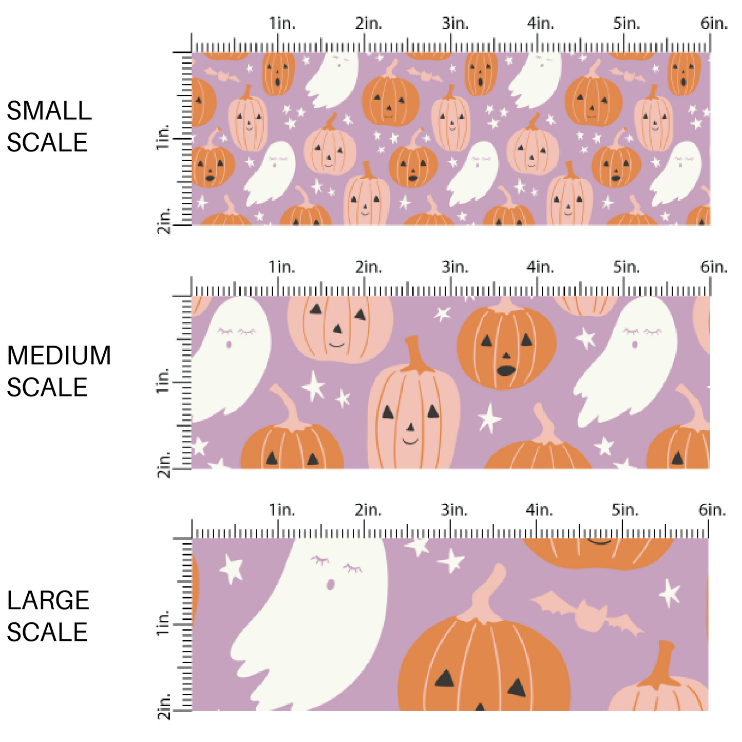Pink and Orange animated pumpkins, ghosts, and stars on purple fabric by the yard scaled image guide.