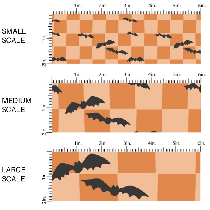 Black scattered bats on orange checkered print fabric by the yard scaled image guide.