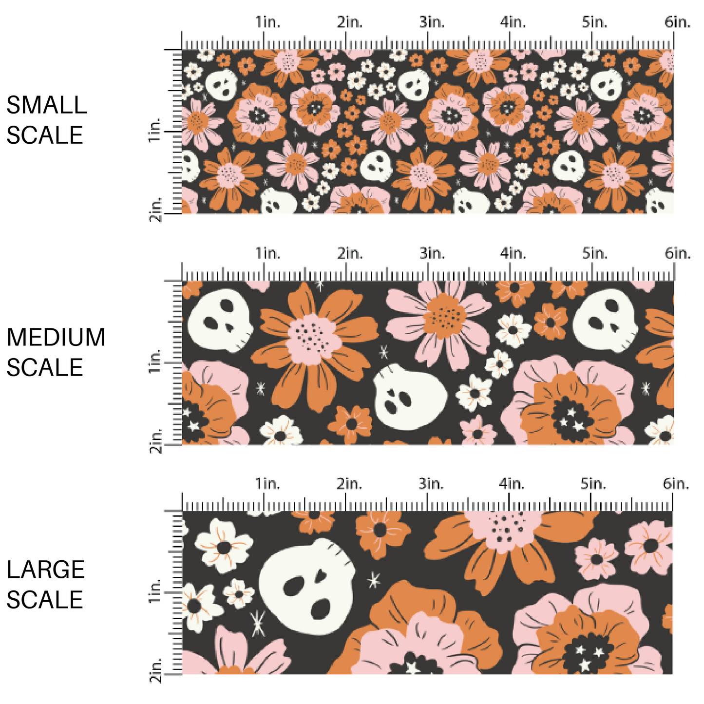 White skeletons and pink and orange floral prints on black fabric by the yard scaled image guide.