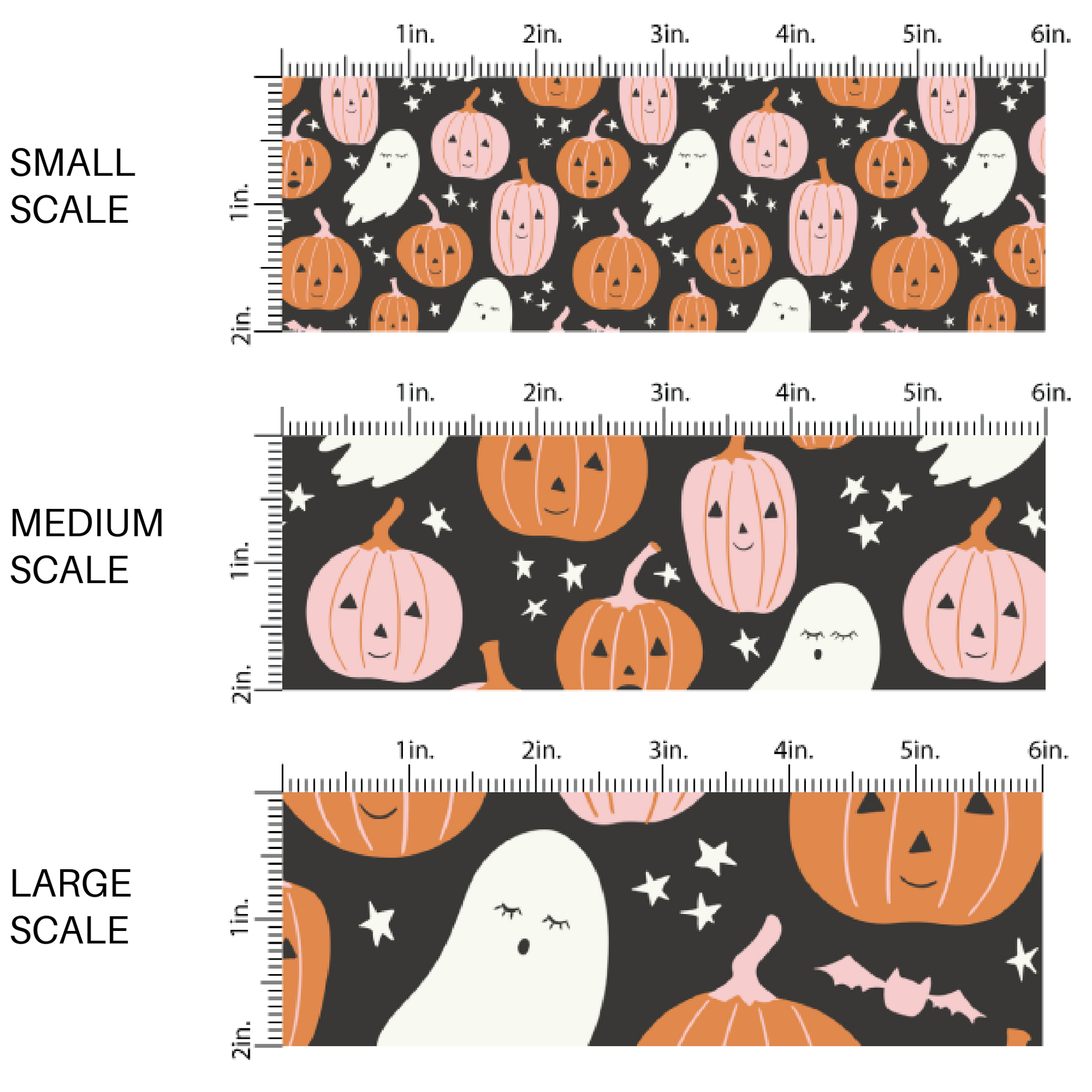 Pink and Orange animated pumpkins, ghosts, and stars on black fabric by the yard scaled image guide.