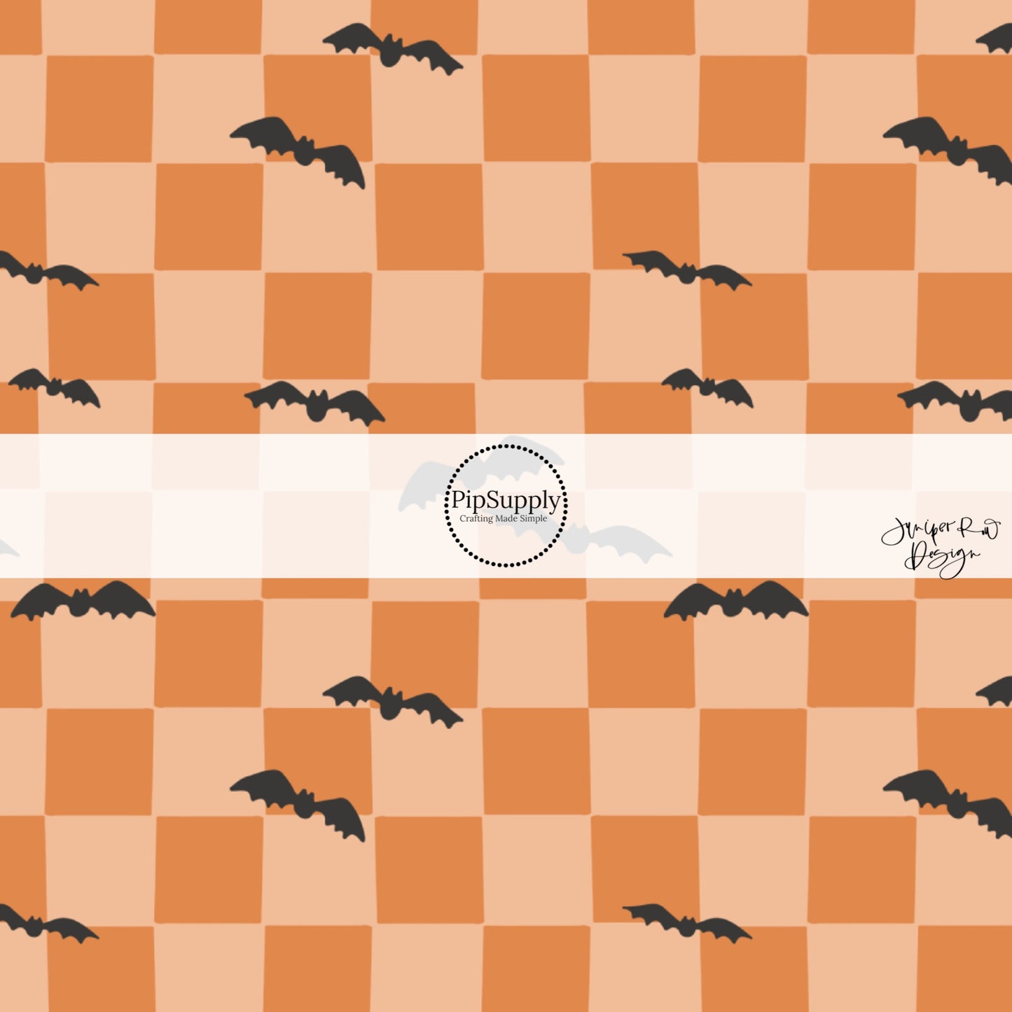 Black scattered bats on orange checkered print fabric by the yard.