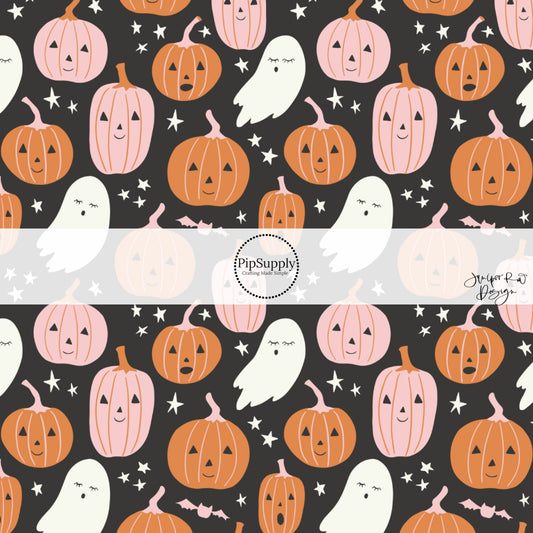 Pink and Orange animated pumpkins, ghosts, and stars on black fabric by the yard.