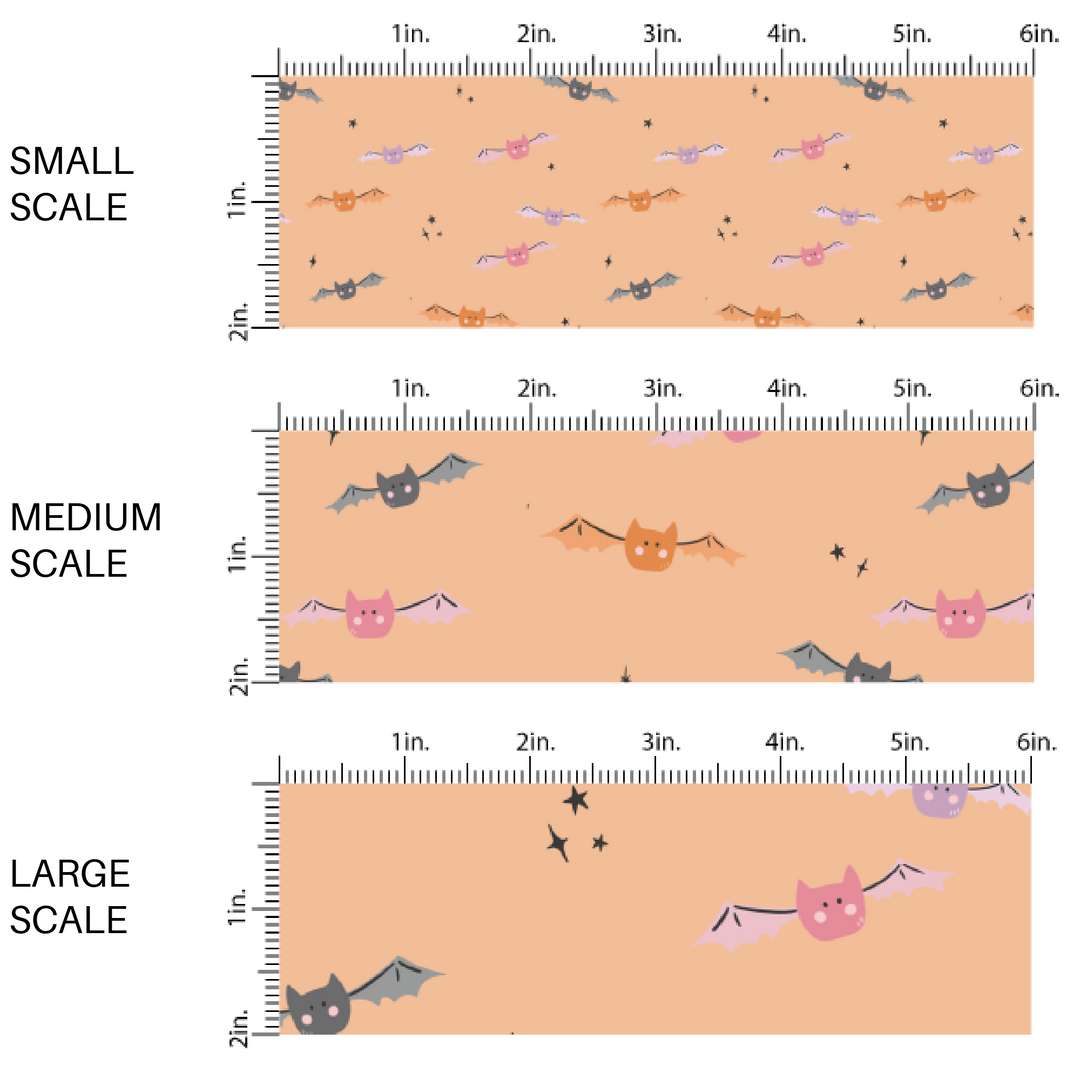 Pink, purple, orange and black scattered bats on light orange fabric by the yard scaled image guide.