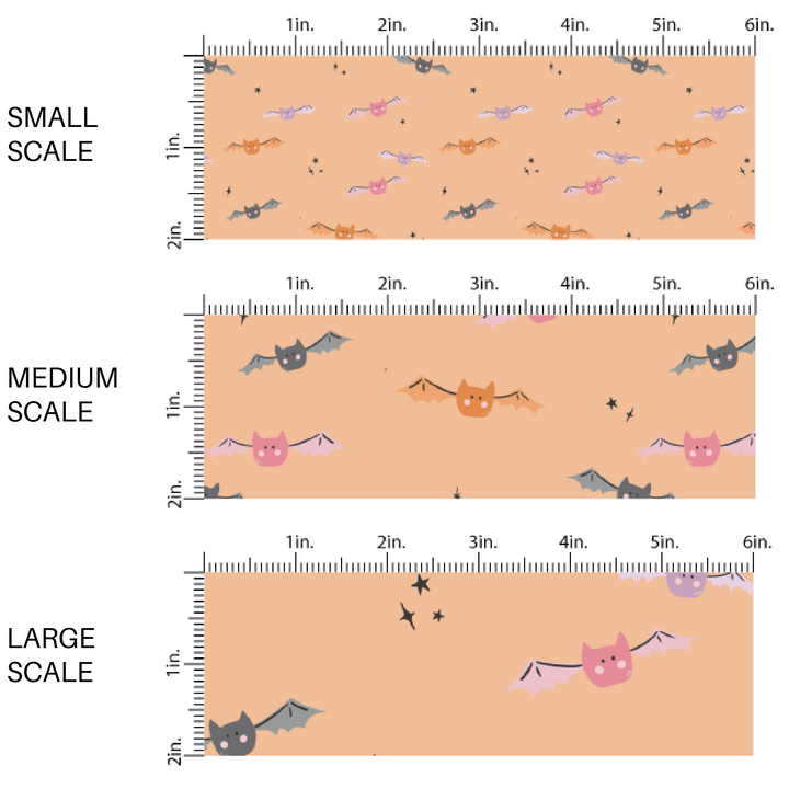 Pink, purple, orange and black scattered bats on light orange fabric by the yard scaled image guide.