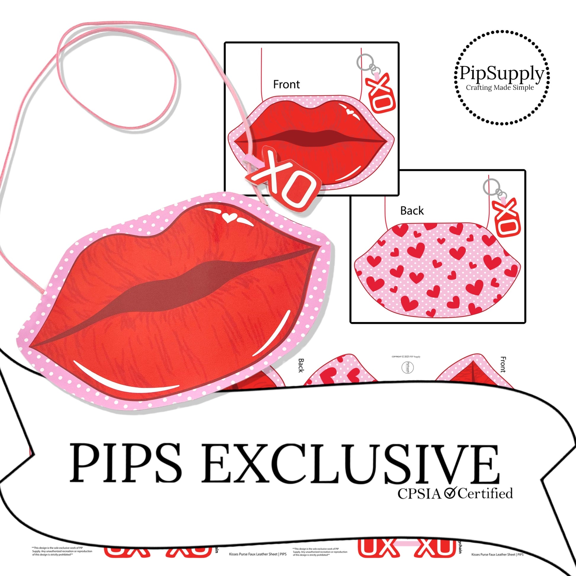 pink and red lips on a faux leather sheet for a hand cut purse kit