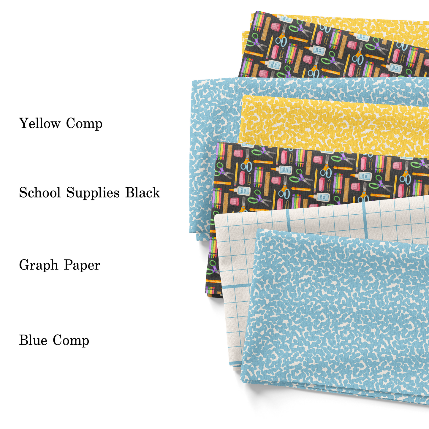 Krystal Winn back to school fabric collection swatches with pattern names.
