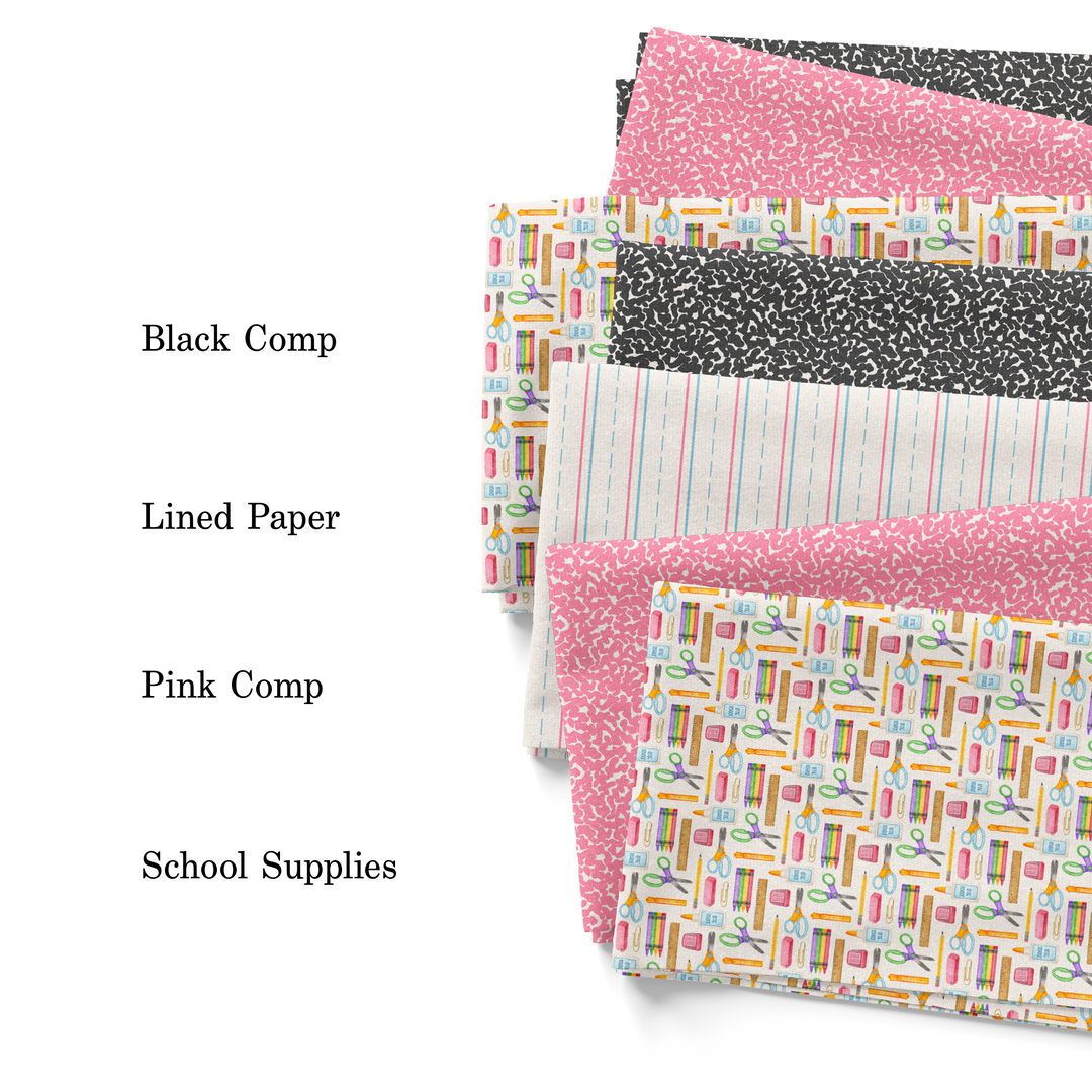 Krystal Winn school themed fabric collection swatches with pattern names.