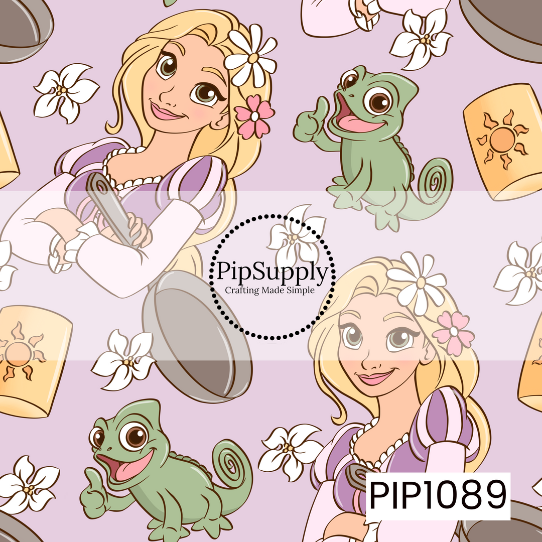 A charming seamless pattern featuring a long-haired princess, a cheerful chameleon, floating lanterns, and delicate white flowers on a soft lavender background. The whimsical storybook elements and pastel color palette create a magical fairytale design filled with adventure and enchantment.
