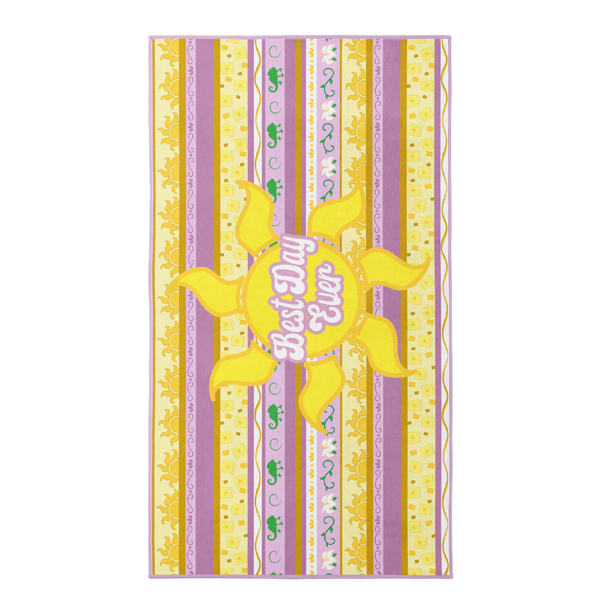 Beach towel in golden yellow, lavender, and light purple with golden sun and princess quote "Best Day ever".