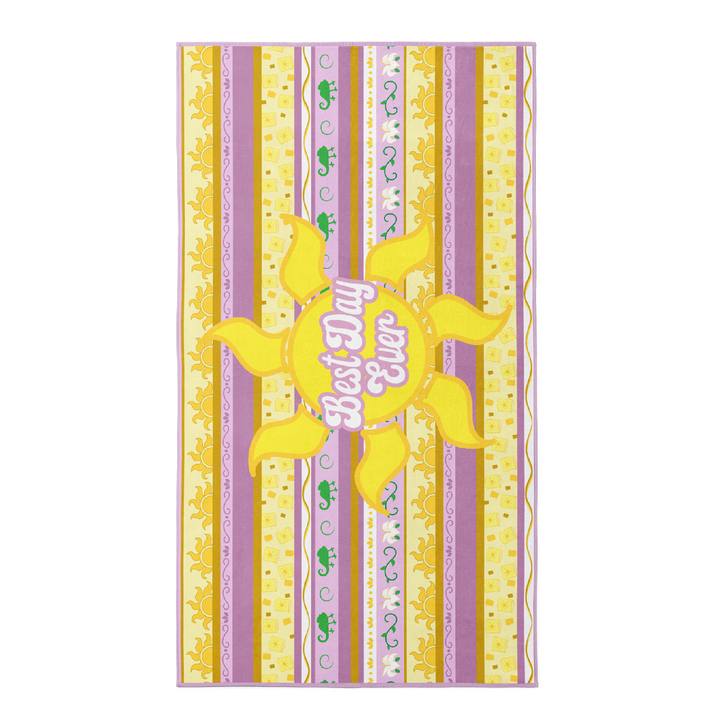 Beach towel in golden yellow, lavender, and light purple with golden sun and princess quote "Best Day ever".