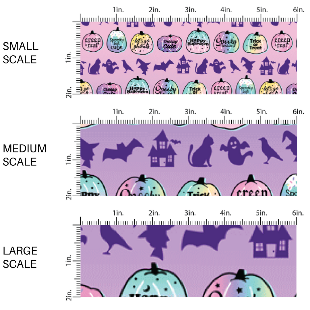 Purple ombre fabric by the yard scaled image guide that features pumpkins and popular Halloween phrases.