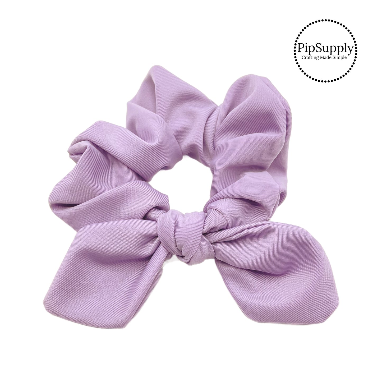 These lavender swim scrunchies have a two layer swimsuit fabric strip with edges that are securely folded and sewn providing a professional and high quality seam. Fabric is thick high quality not coarse or stiff with elastic band sewn inside for stretch-ability. Pattern visible on all sides. Bow comes pre-tied on scrunchie however is removable to be available as separate bow.