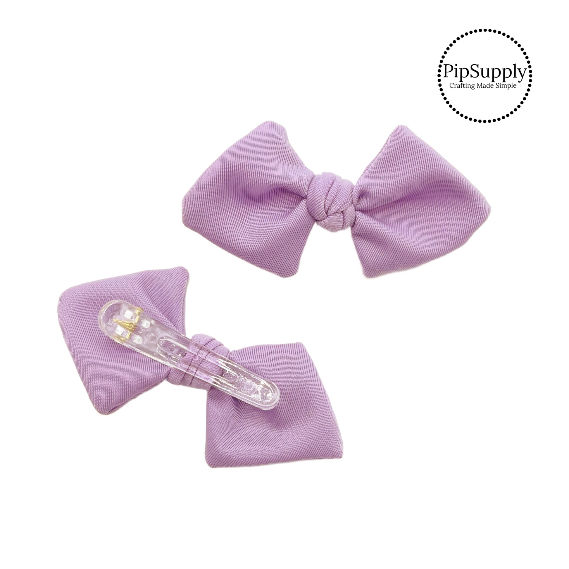 These lavender swim bows have a two layer swimsuit fabric bow with edges that are securely folded and sewn providing a professional and high quality seam. Fabric is thick high quality not coarse or stiff and the pattern is visible on all sides. Bow comes pre-tied on a clear plastic clip.