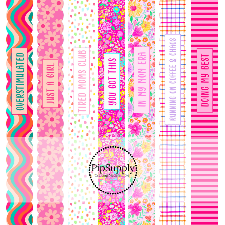 Collection of colorful leather strips with various patterns and text on a white background