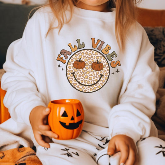 "Fall Vibes" Leopard Print Smiley Face Iron On Heat Transfer