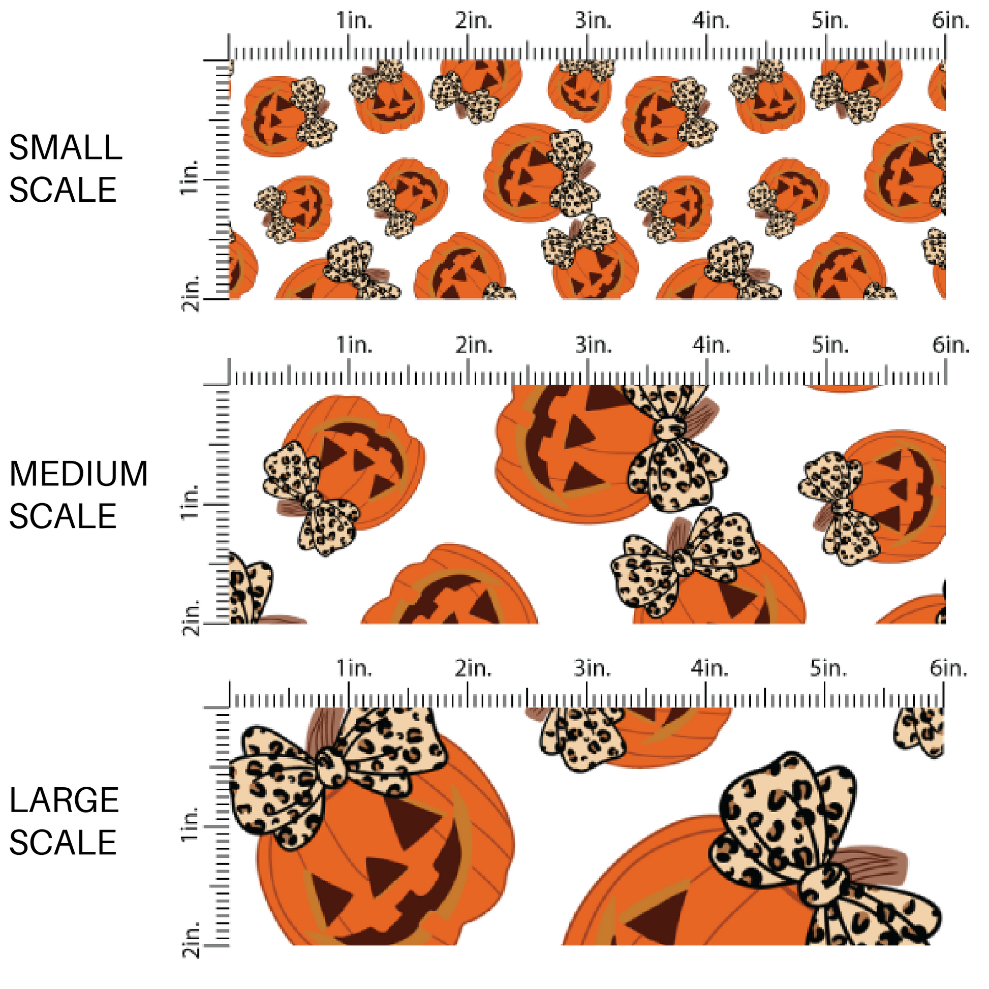 White fabric by the yard scaled image guide with smiling jack-o-lanterns wearing leopard print bows.