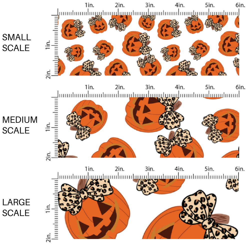 White fabric by the yard scaled image guide with smiling jack-o-lanterns wearing leopard print bows.