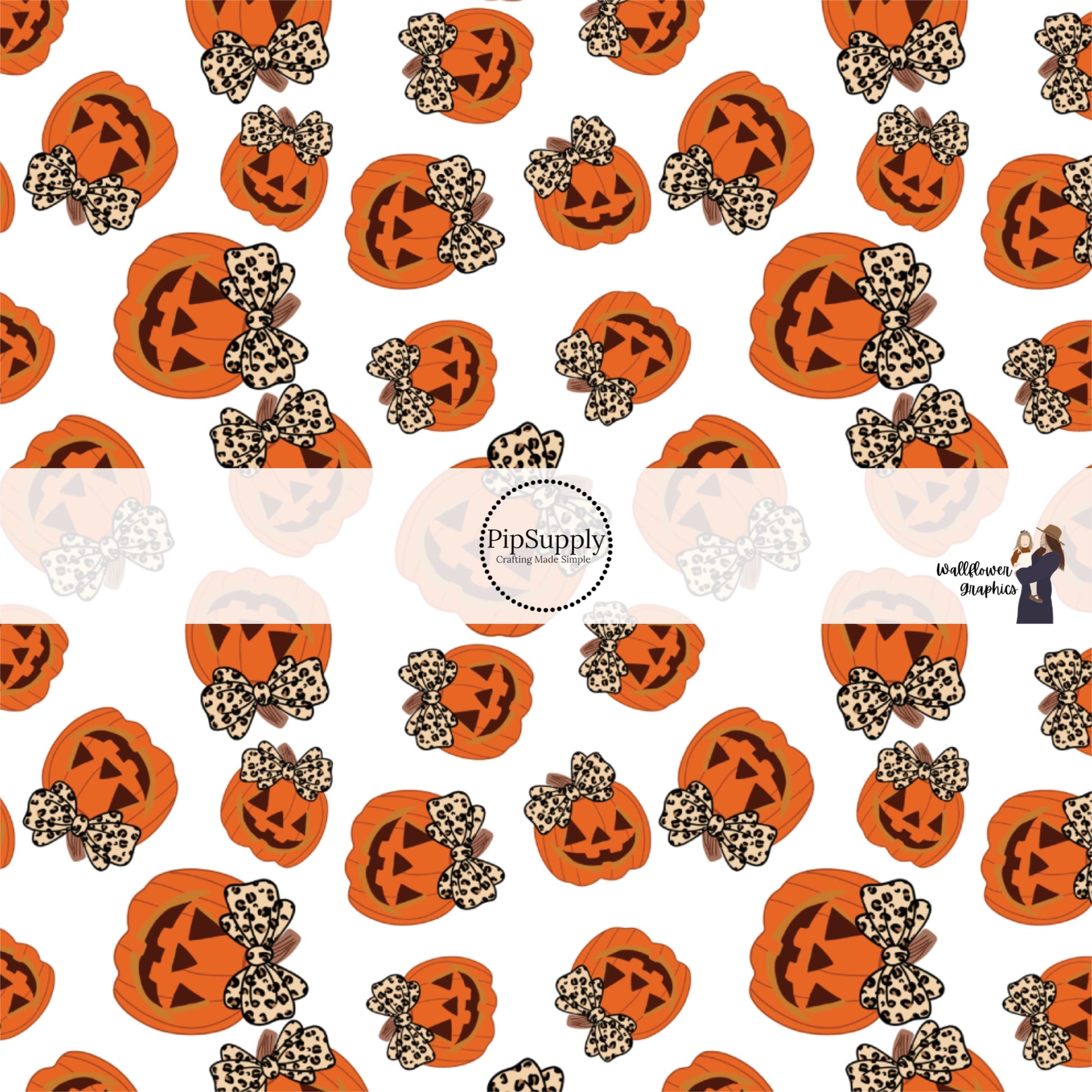 White fabric by the yard with smiling jack-o-lanterns wearing leopard print bows.
