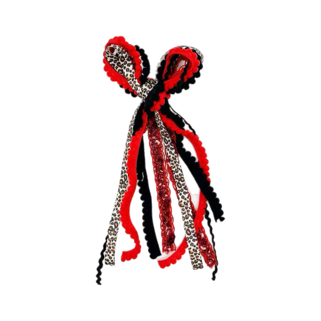 Leopard Red Messy Ribbon Hair Bow Tied With Clip