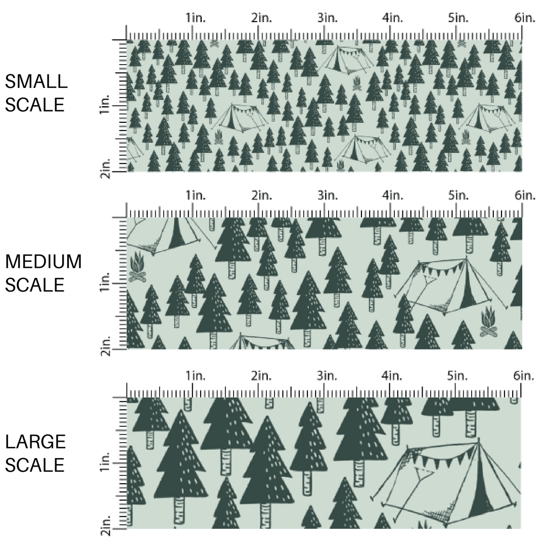 This scale chart of small scale, medium scale, and large scale of these fall themed fabric by the yard features dark green trees and tents on light green. This fun autumn themed fabric can be used for all your sewing and crafting needs!