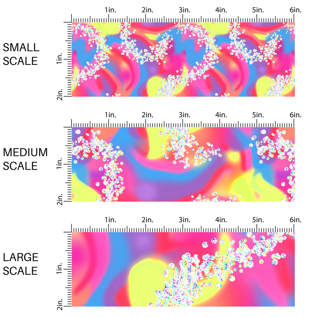 Blue, yellow, pink, and purple swirl print fabric by the yard scaled image guide with shimmer.