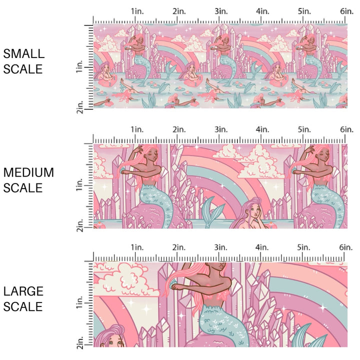 These rainbow themed pattern fabric by the yard features the following design elements: mermaids surrounded by rainbows. This fun themed fabric can be used for all your sewing and crafting needs!