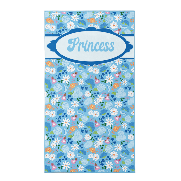 Blue glass slipper floral with cursive personalized text.