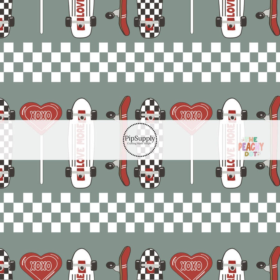 This Valentine's Day fabric by the yard features candy and skateboards. This fun pattern fabric can be used for all your sewing and crafting needs!