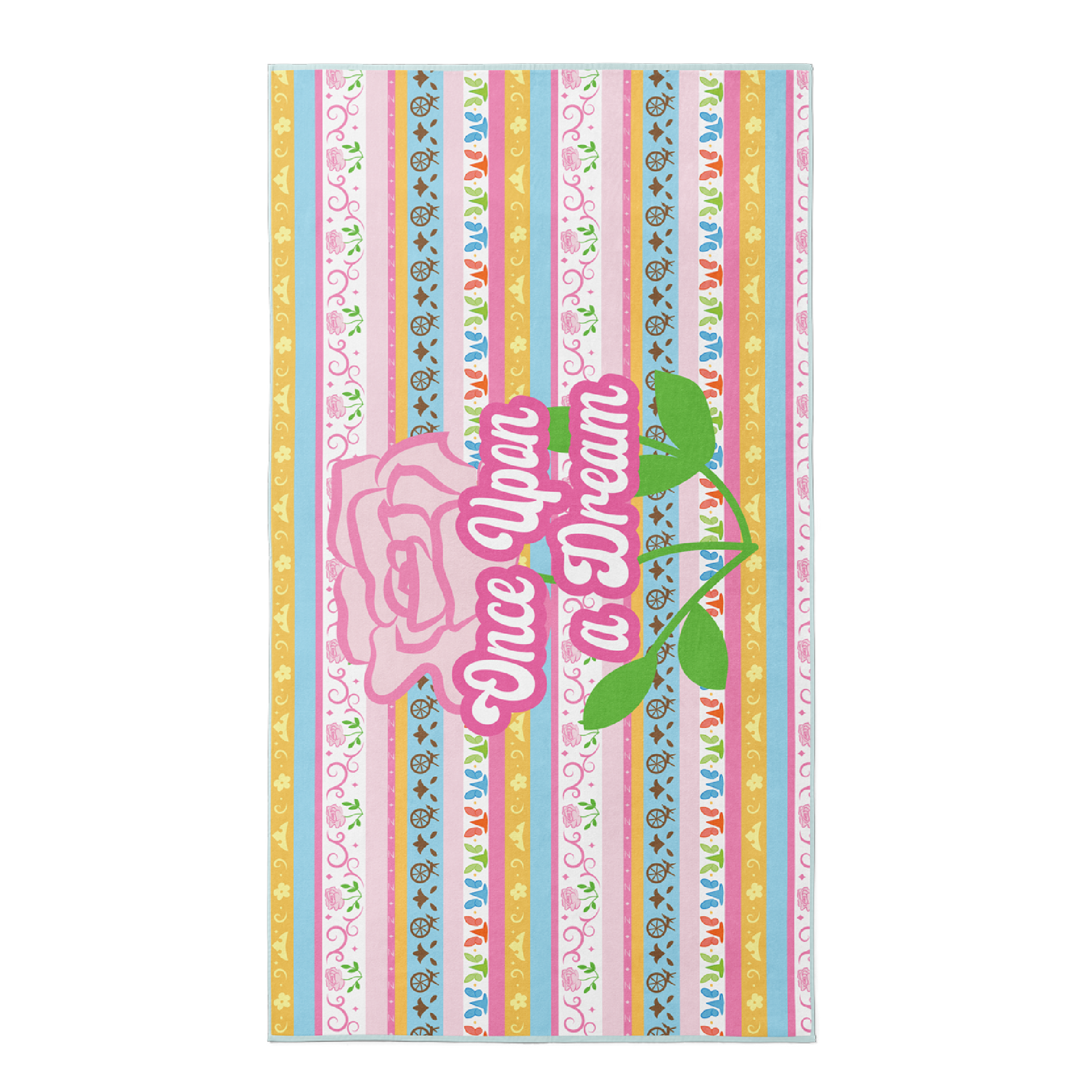Beach towel with gold, blue, and pink princess stripe with light pink rose and "Once upon a Dream" text.