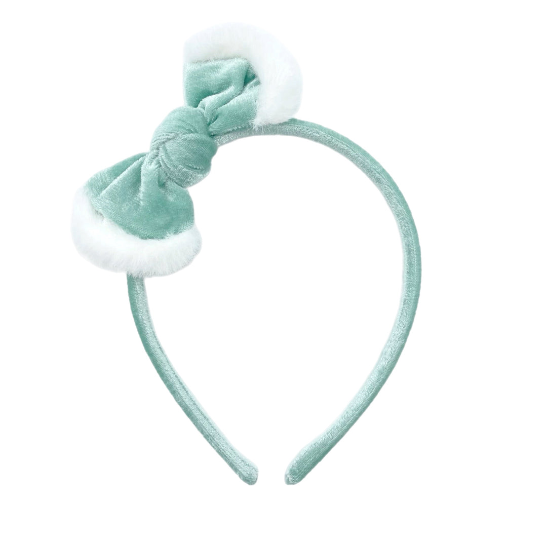 Light Aqua Winter Fur Trimmed Velvet Knotted Bow Headband