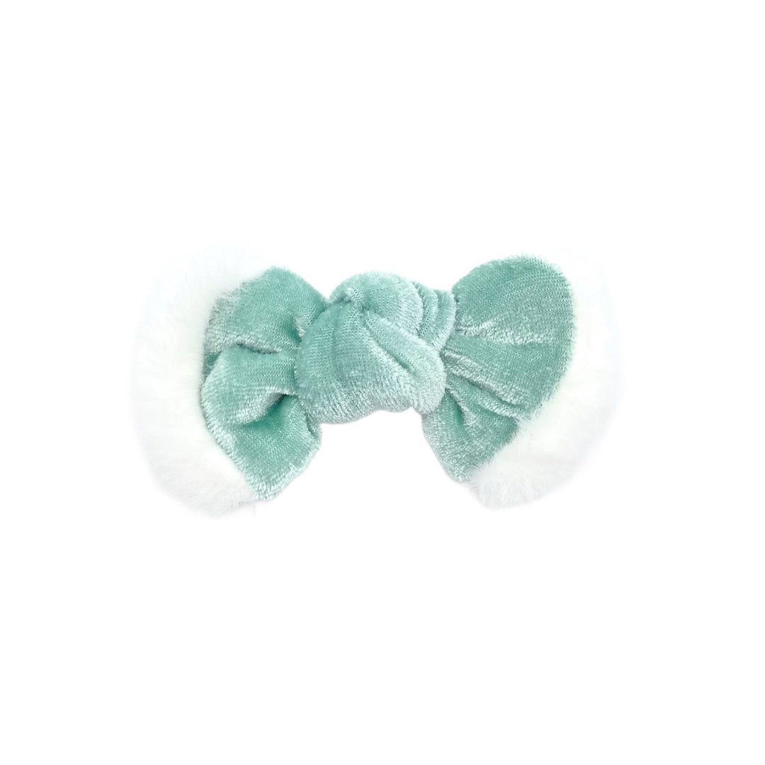 Light Aqua Winter Fur Trimmed Velvet Knotted Hair Bow