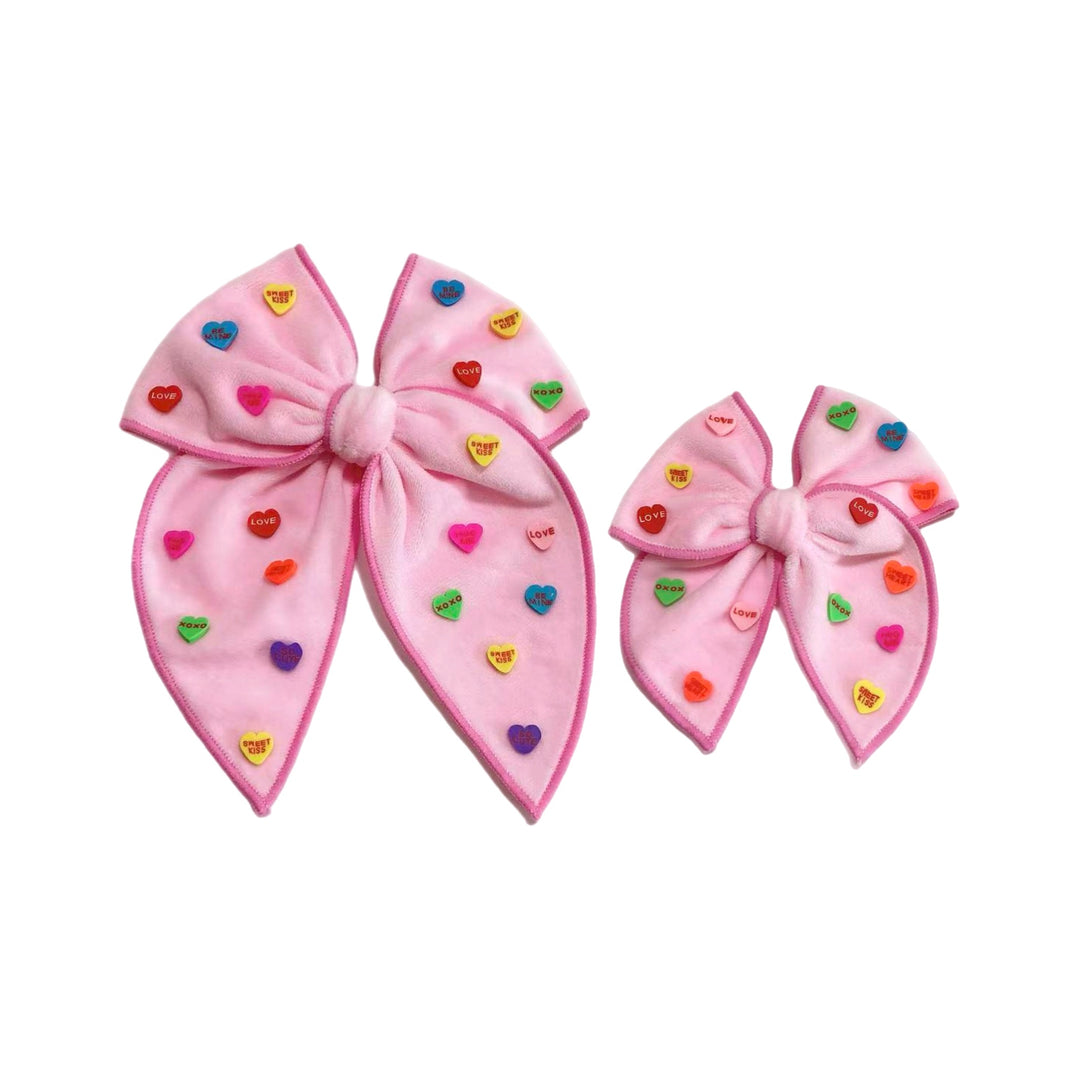 Light Pink Velvet Convo Hearts Serged Edge Bow w Clip