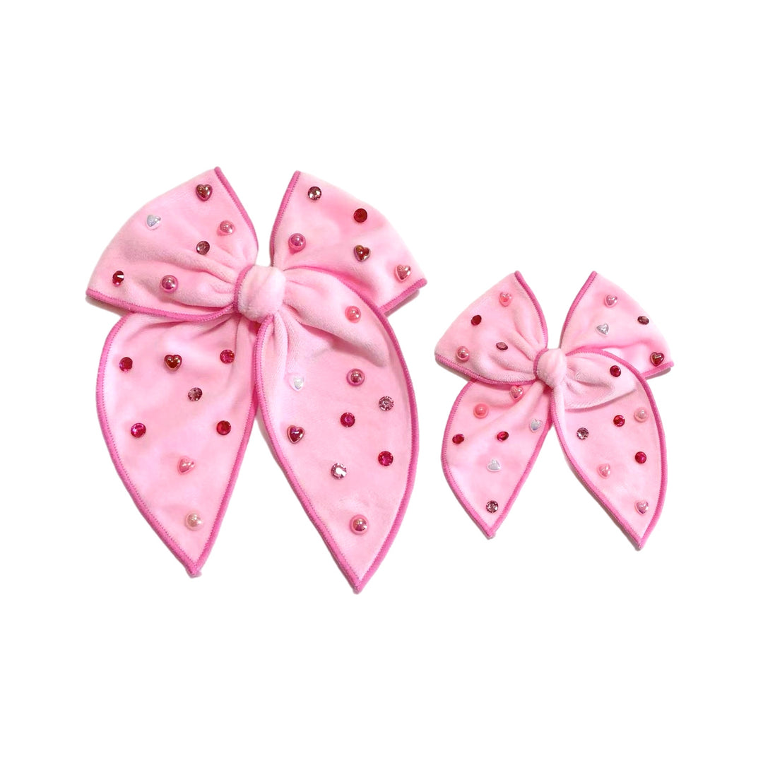 Light Pink Velvet Pearl & Rhinestone Serged Edge Bow w Clip