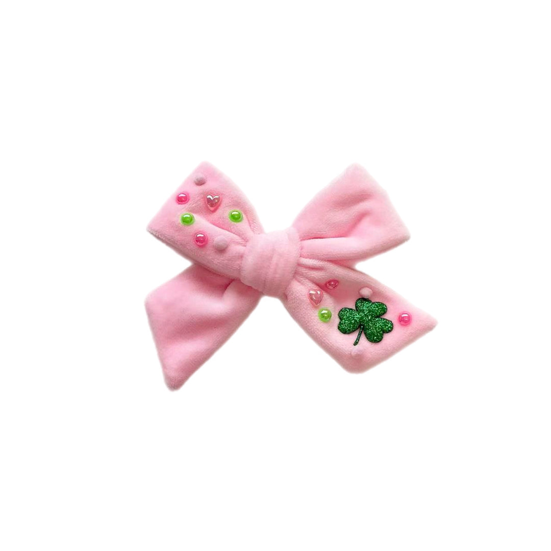 Light Pink Velvet St. Patrick's Day Pinwheel Bow w/ Clip