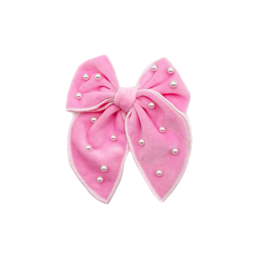 Light Pink Velvet Pearl Beaded Hair Bow TIED With Clip