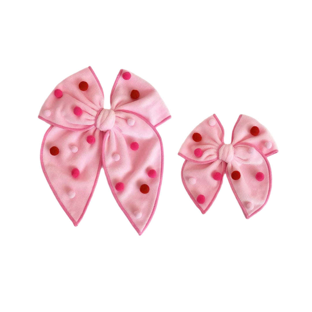 Light Pink Velvet Pom Pom Serged Edge Bow w/Clip