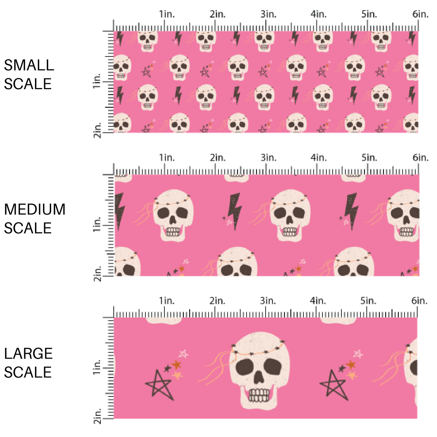Hot Pink Fabric by the yard scaled image guide with skulls, lightning bolts, and stars.