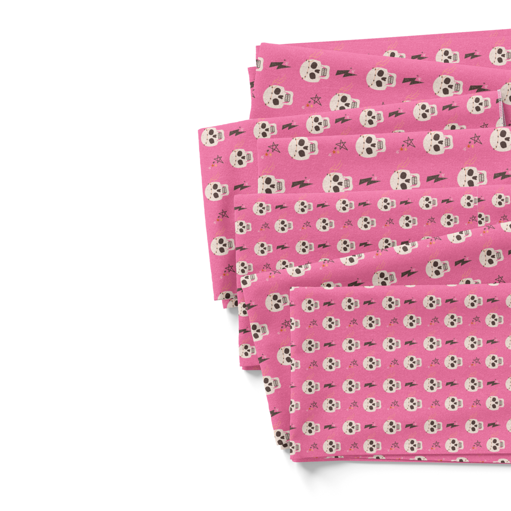 Hot Pink Fabric by the yard swatches with skulls, lightning bolts, and stars.