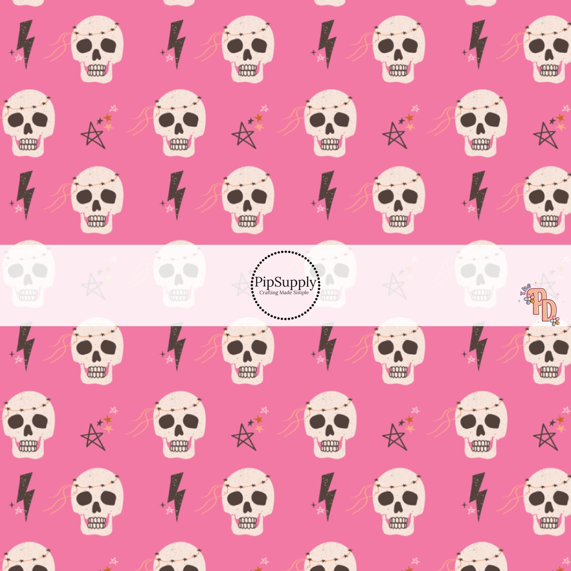 Hot Pink Fabric by the yard with skulls, lightning bolts, and stars.