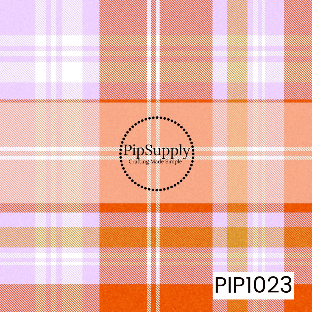 A soft watercolor plaid featuring warm shades of pumpkin orange, peach, golden mustard, crisp white, and pastel lilac. The classic tartan pattern combines cozy autumn tones with a subtle pop of purple, creating a unique seasonal coordinate that's perfect for Halloween, fall, and harvest-themed collections.
